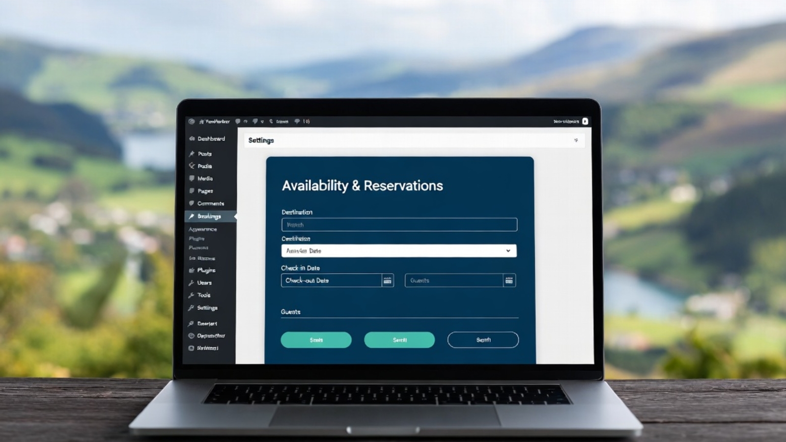 FareHarbor booking widget integrated into a WordPress travel website with UK countryside background