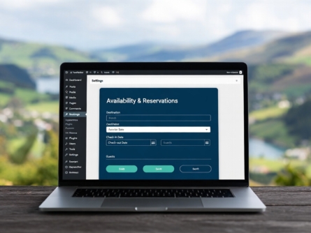 FareHarbor booking widget integrated into a WordPress travel website with UK countryside background