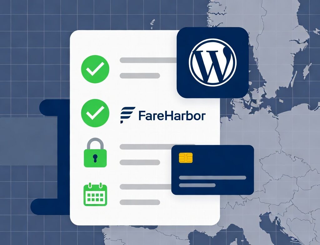 Prerequisites checklist for adding FareHarbor to WordPress showing required items
