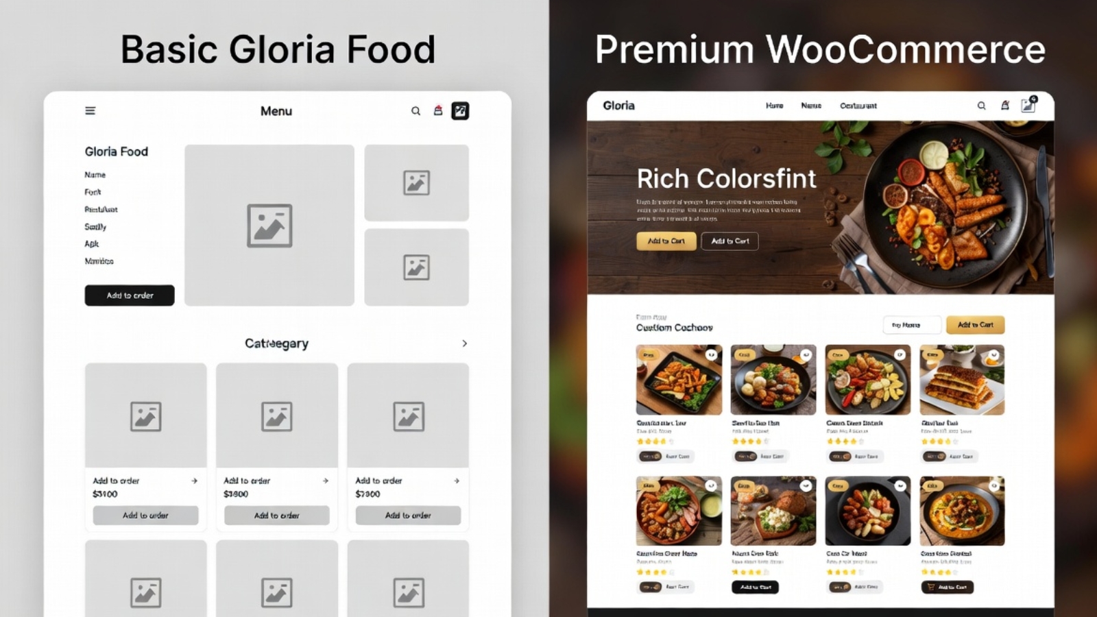 Gloria Food restaurant ordering page vs WooCommerce restaurant website side by side comparison