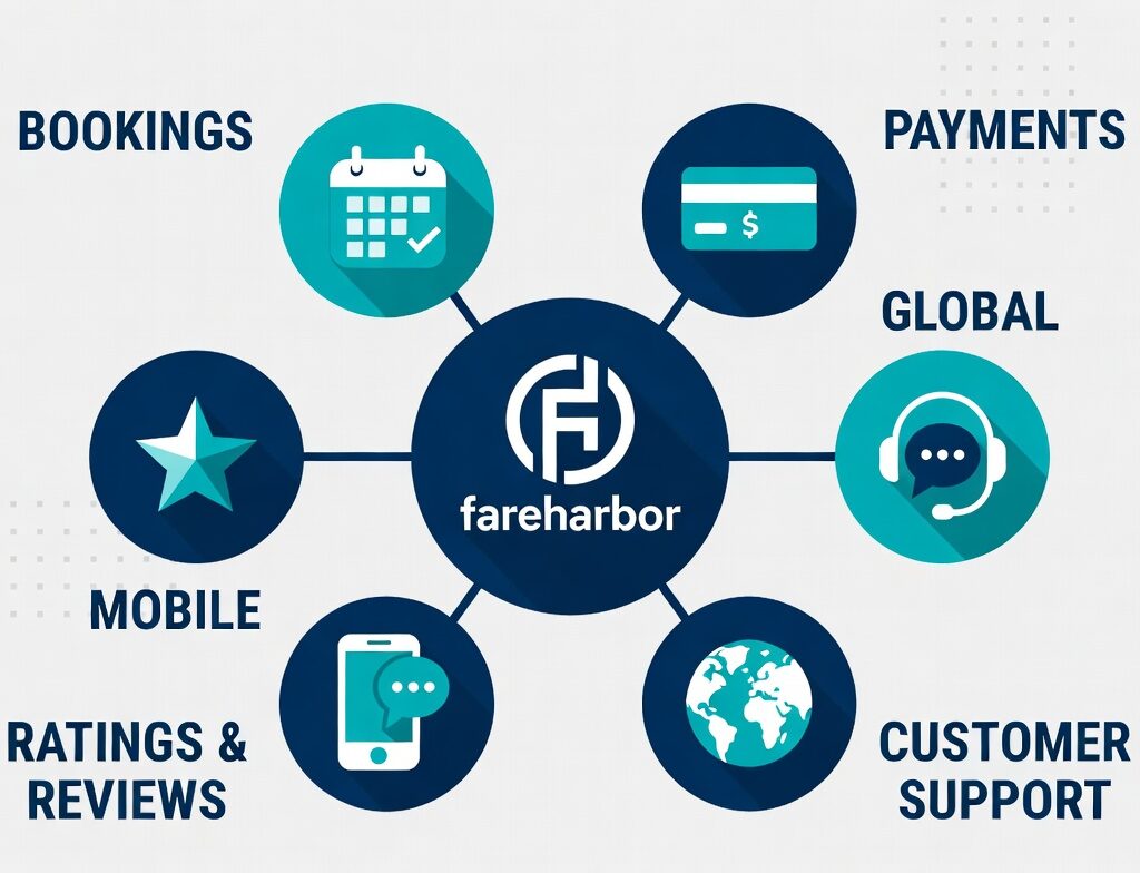 FareHarbor features overview infographic showing booking, payments, and UK/Europe coverage