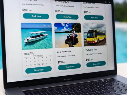 FareHarbor booking website for tourism business showing tour listings and live availability