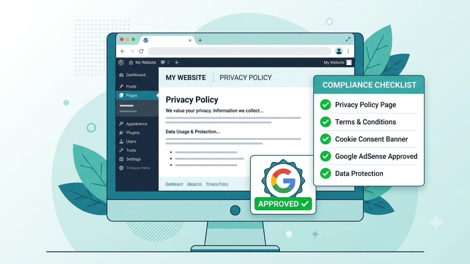 Privacy policy page for Google AdSense approval shown on a WordPress website