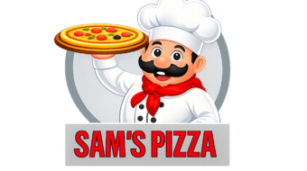 : Sam's Pizza Denmark WordPress restaurant website showing menu categories, Google Maps, and contact section, developed by Syed Aoun Raza