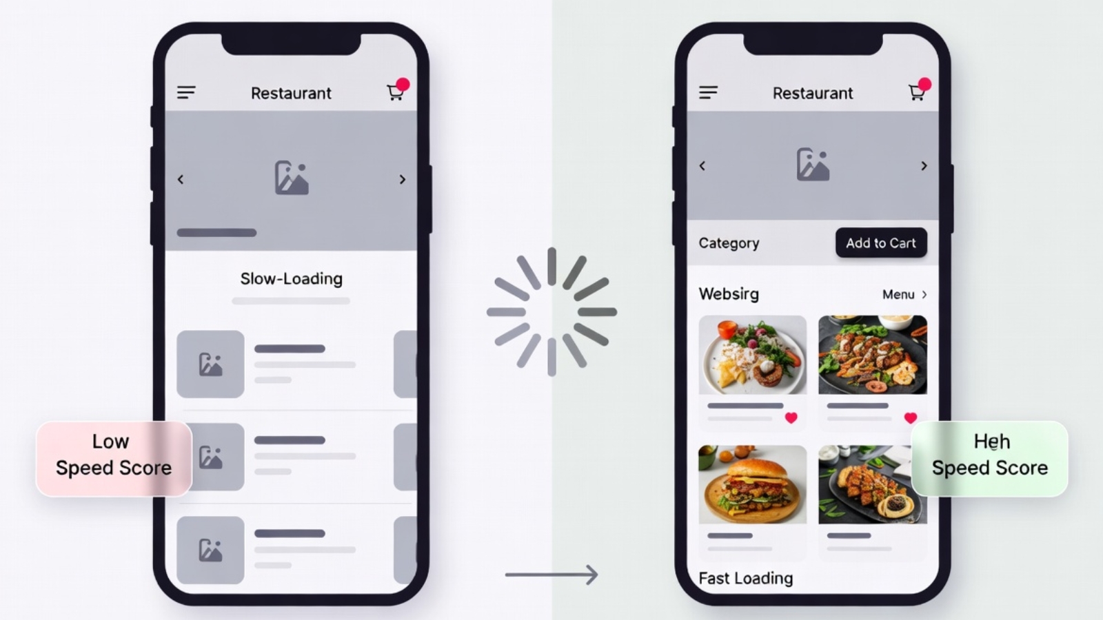 Slow WordPress restaurant website speed test showing poor mobile score before optimization