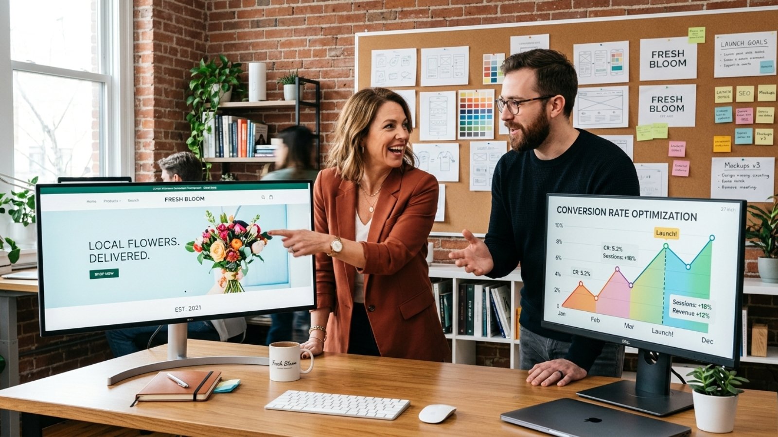 Business owner and designer reviewing web design trends 2026 on a homepage mockup together