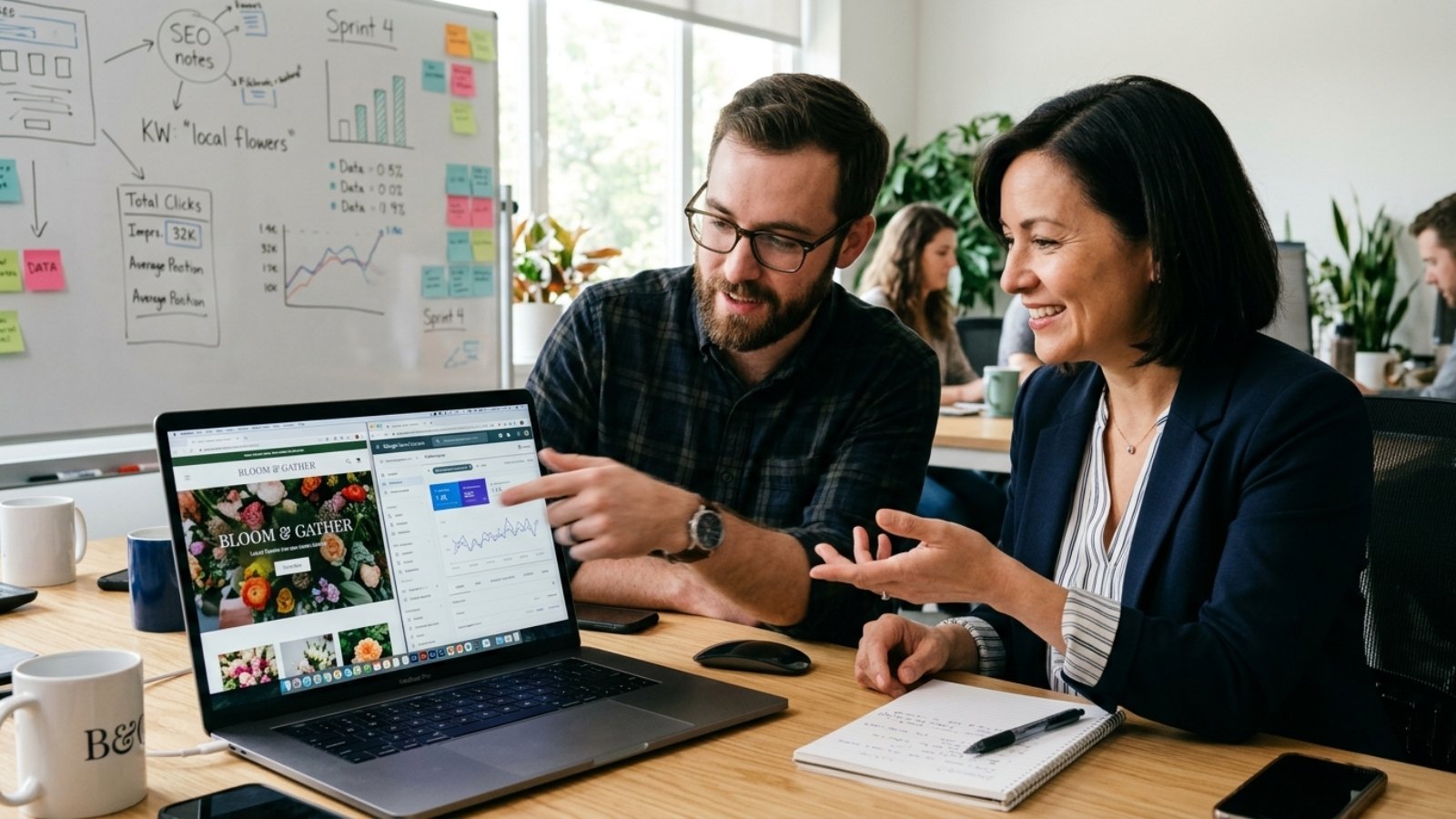 Business owner discussing a project with a developer who understands design and SEO together