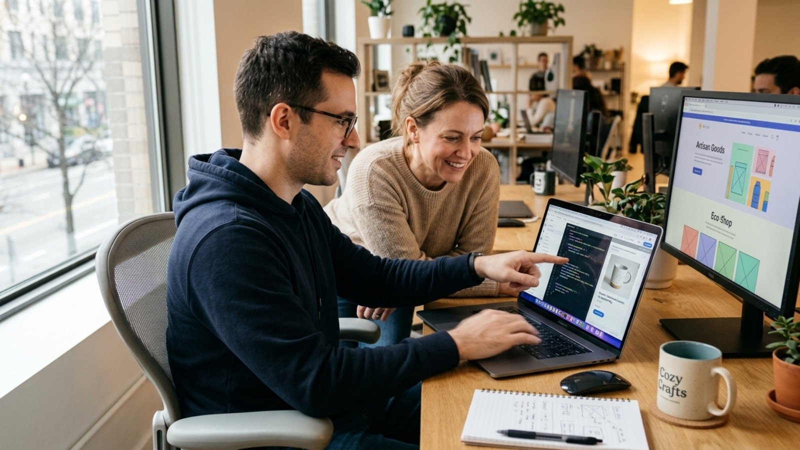 Business owner and developer reviewing custom functionality before deciding to hire a Wix Velo developer
