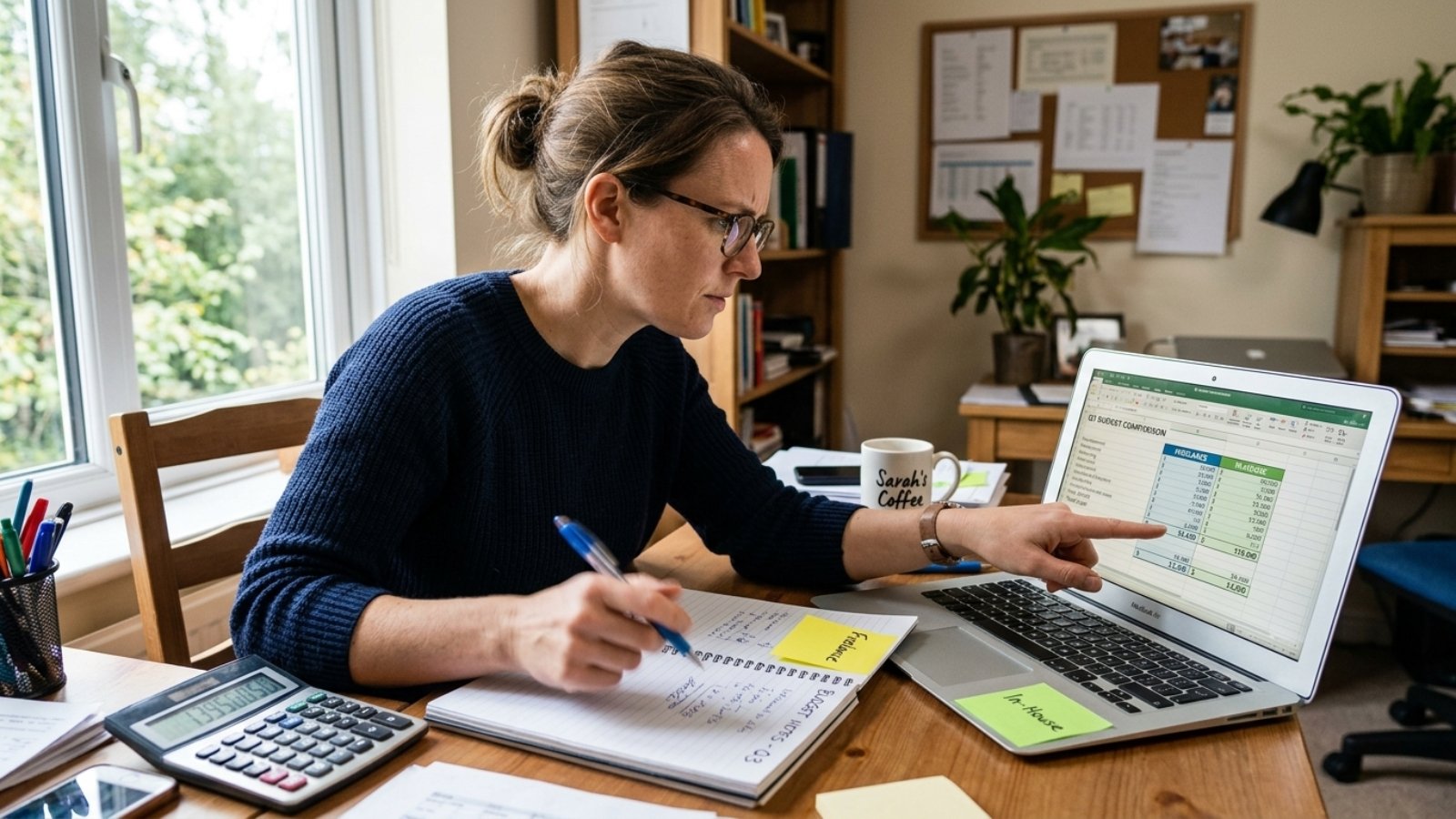 Small business owner comparing freelance vs in-house developer costs on a spreadsheet