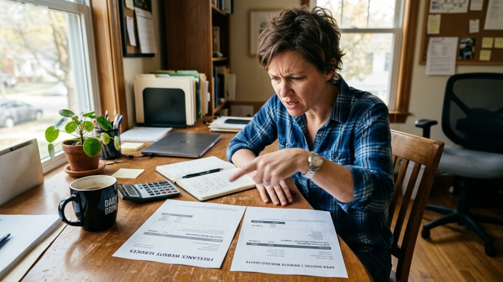 Business owner comparing invoices and realizing why cheap websites cost more over time