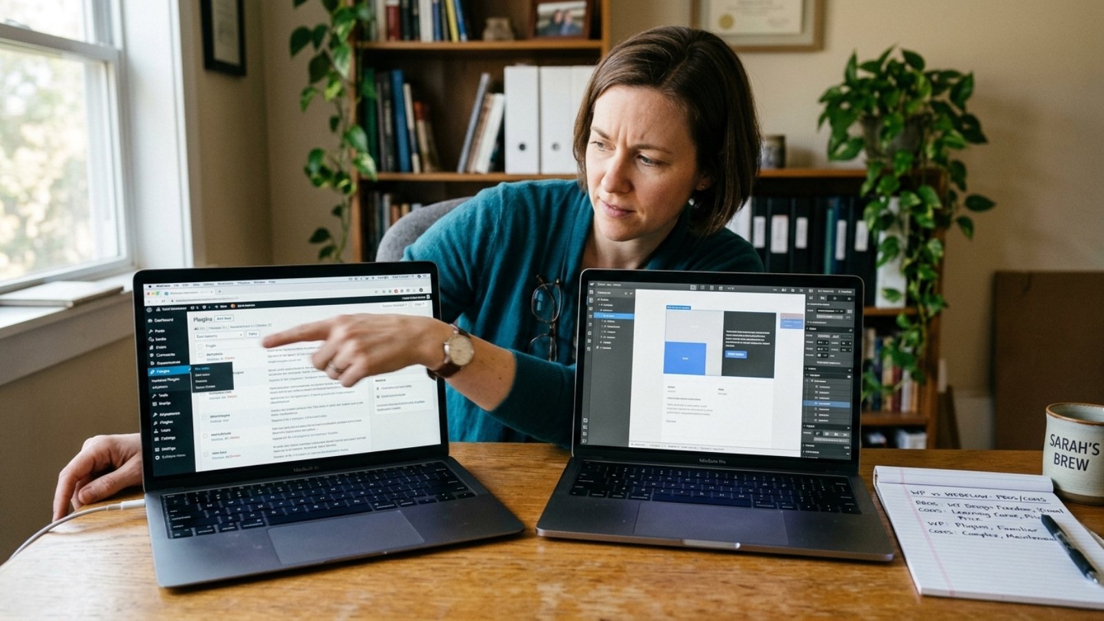 Small business owner comparing WordPress vs Webflow interfaces side by side before choosing a platform