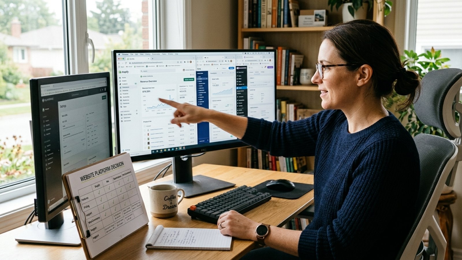 Business owner comparing platform dashboards while learning how to choose the right CMS for her business