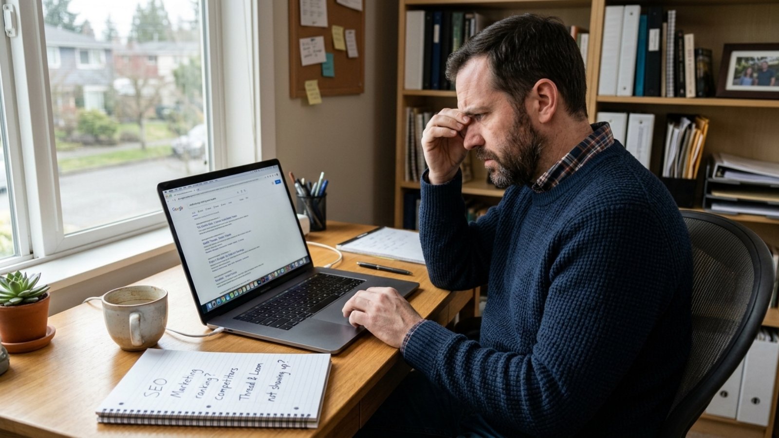 Small business owner searching Google and realizing her website not ranking on Google for her own business name