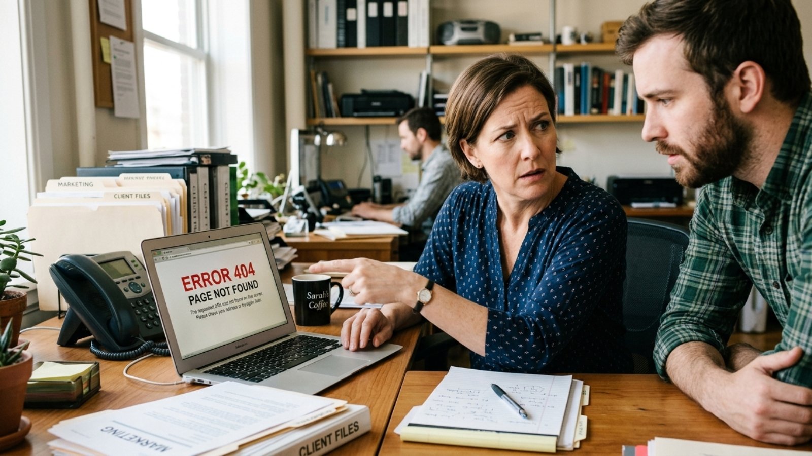 Small business owner reviewing common small business website mistakes on her laptop with a colleague