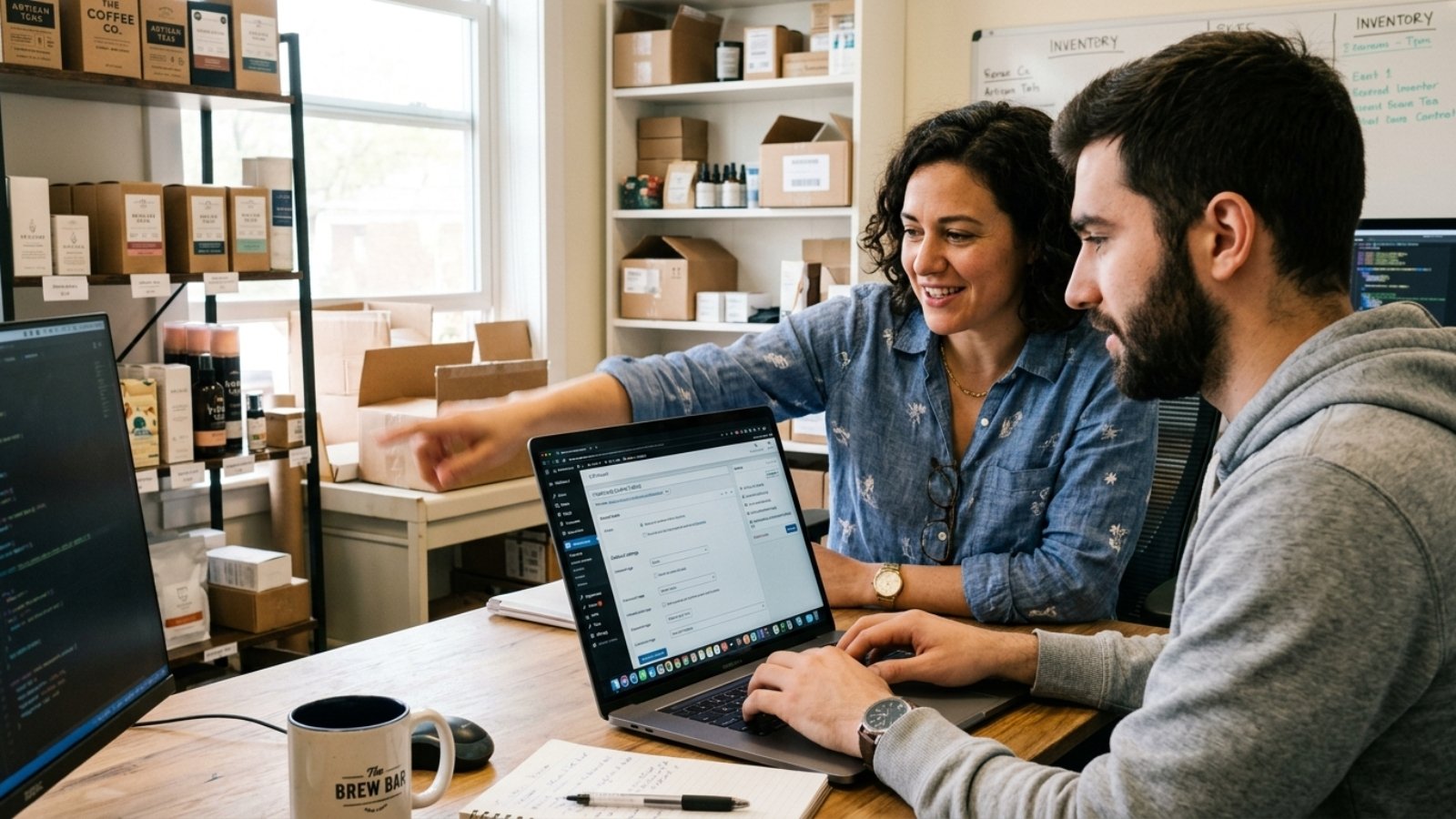 Business owner and developer reviewing a store together while learning what to look for when hiring a WooCommerce developer