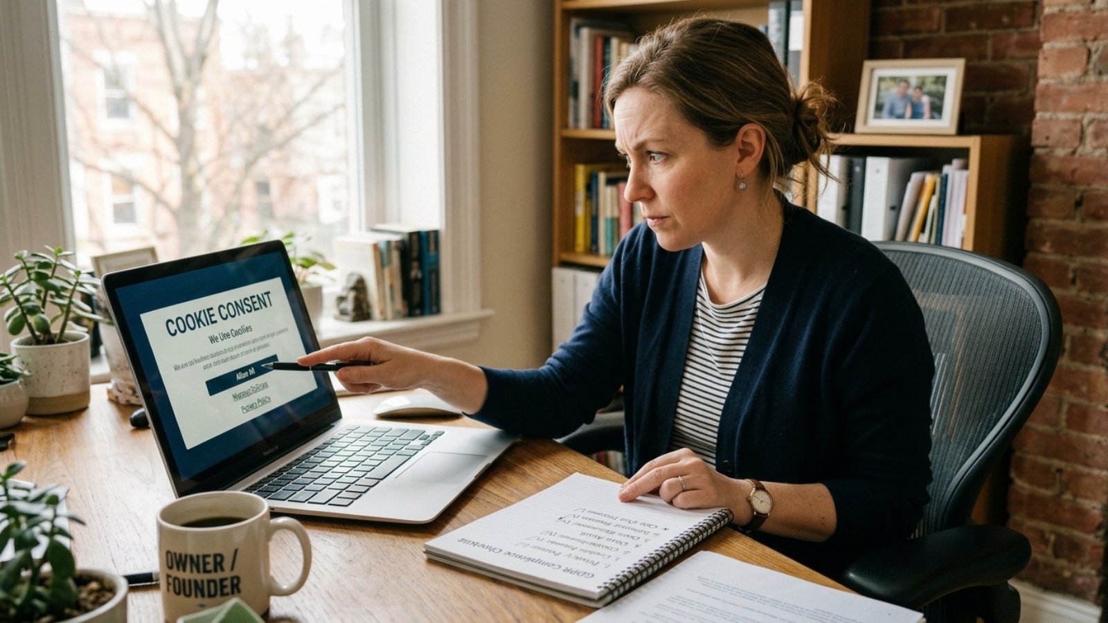 Business owner reviewing her website's cookie banner against the updated UK cookie consent rules