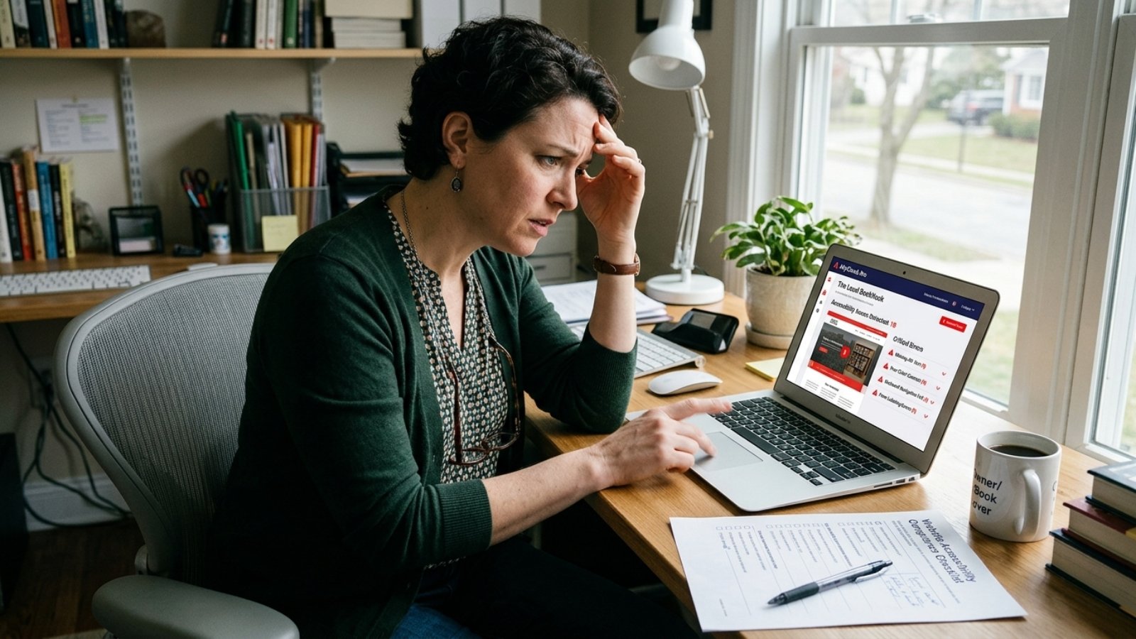 Business owner reviewing her site against European Accessibility Act website requirements