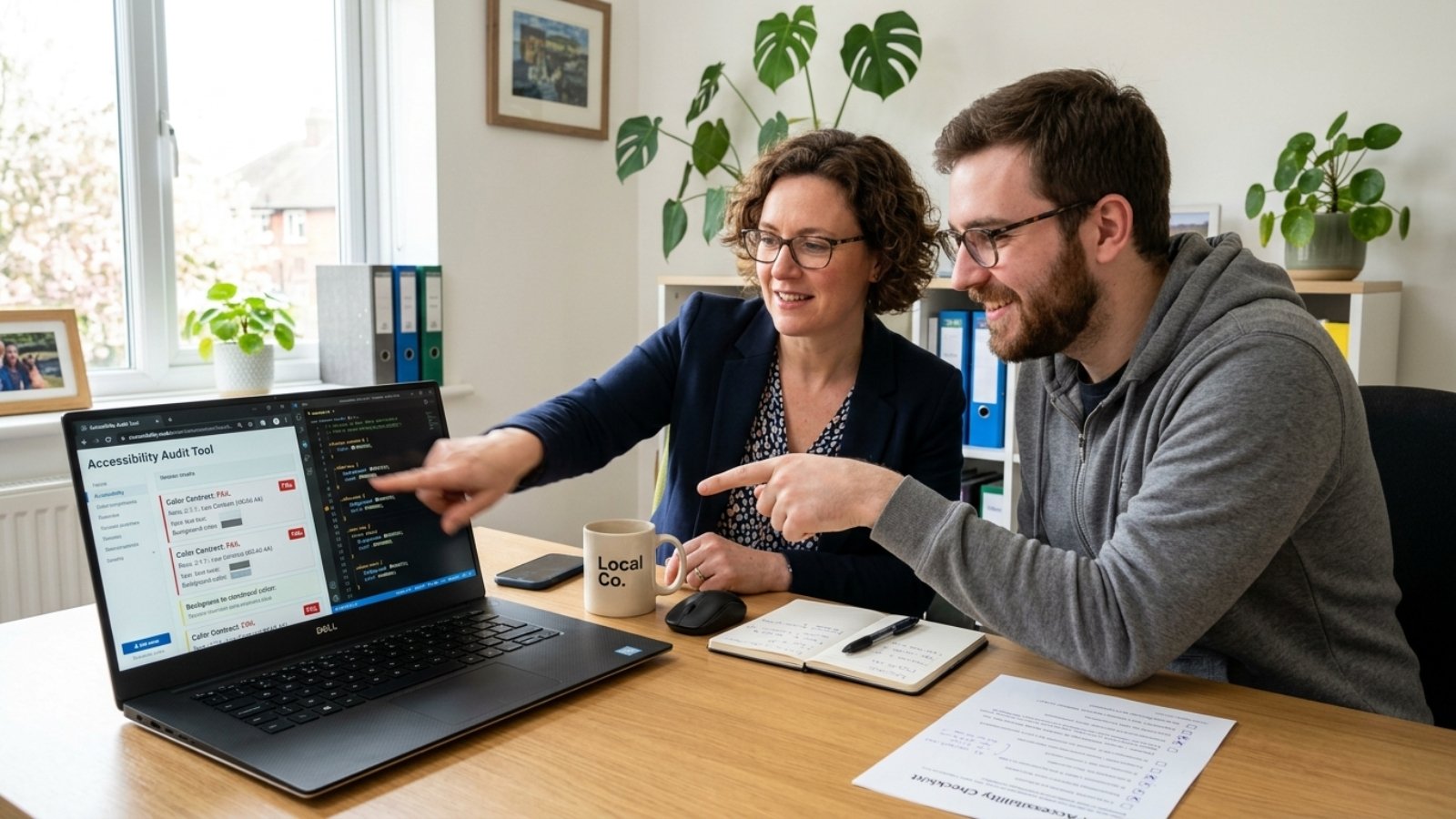 Business owner and developer working through a WCAG 2.2 compliance checklist together on a laptop