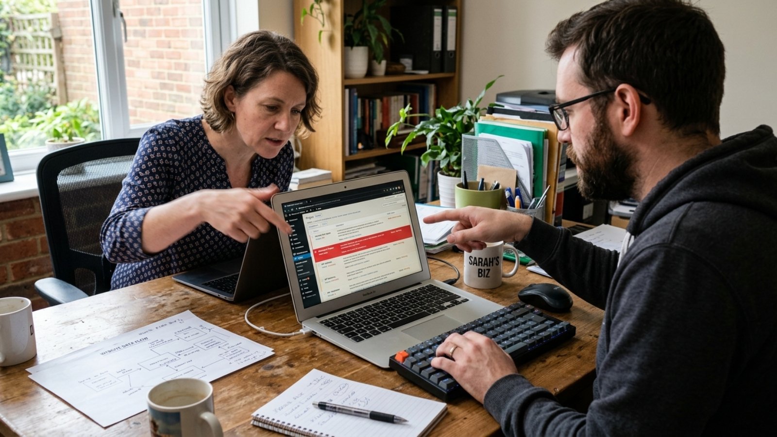 Business owner and developer reviewing GDPR gaps on her WordPress site together