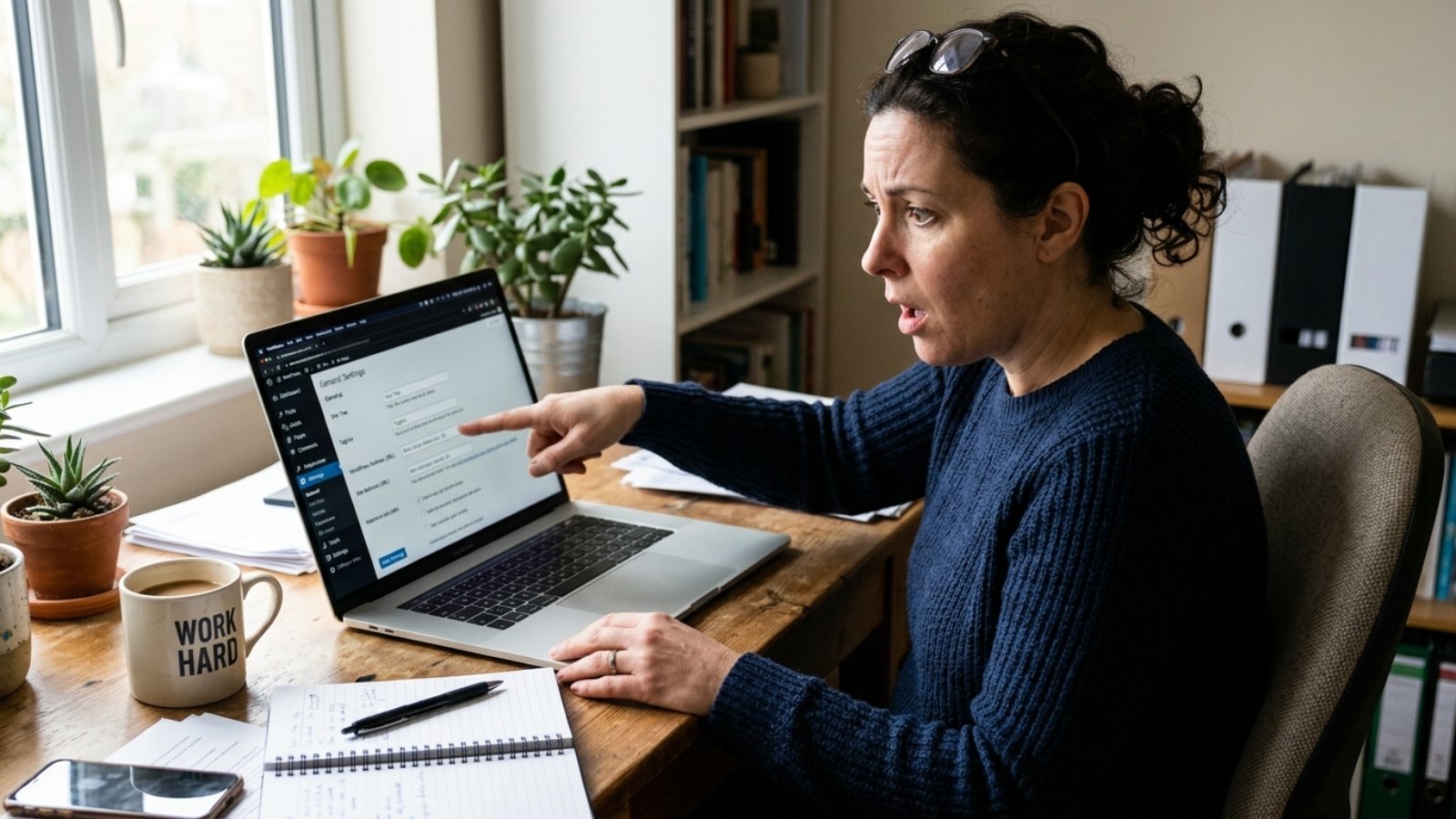Business owner discovering common WordPress mistakes hurt rankings after checking dashboard settings
