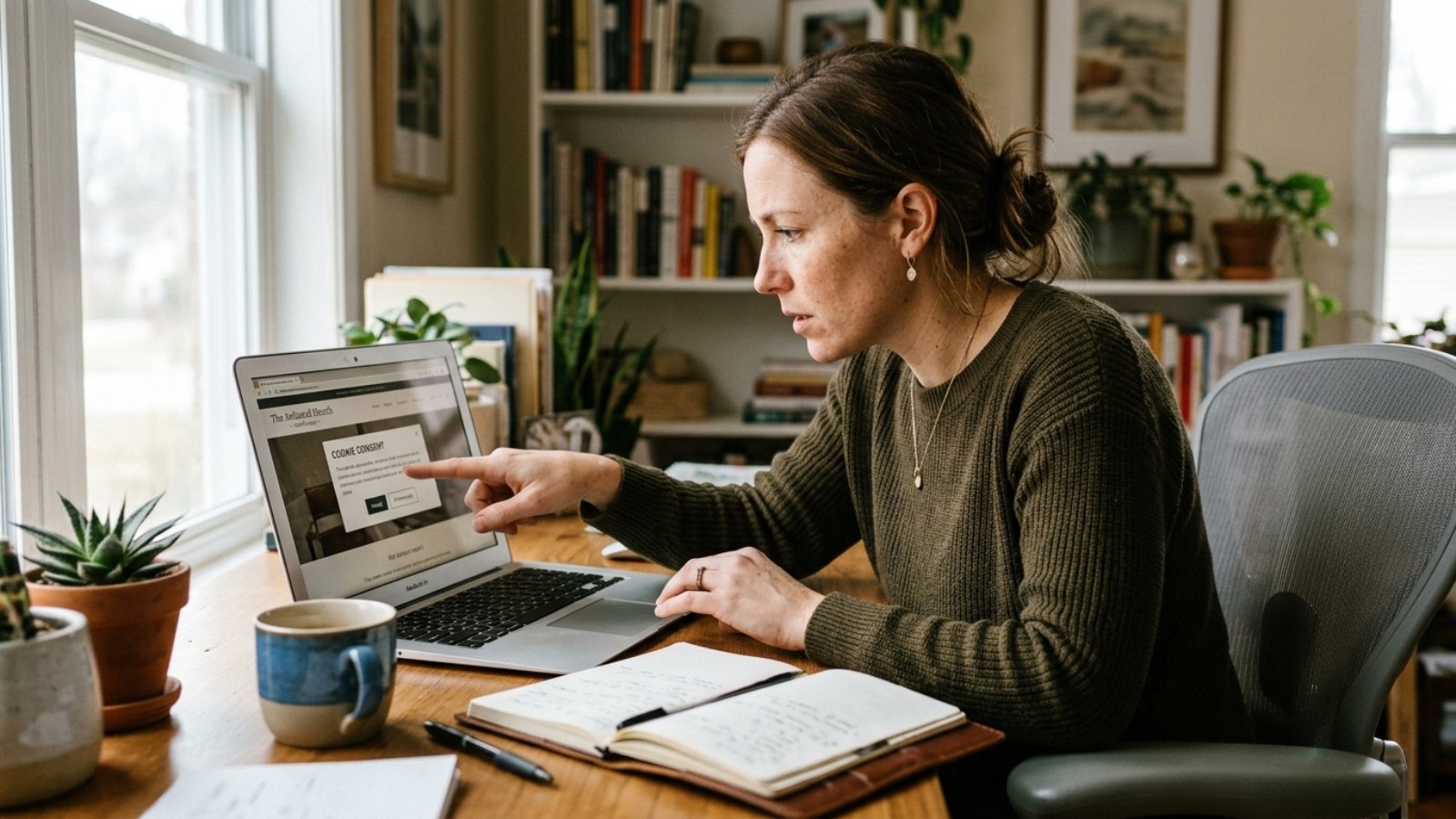 Small business owner reviewing EU cookie consent law requirements on a website banner