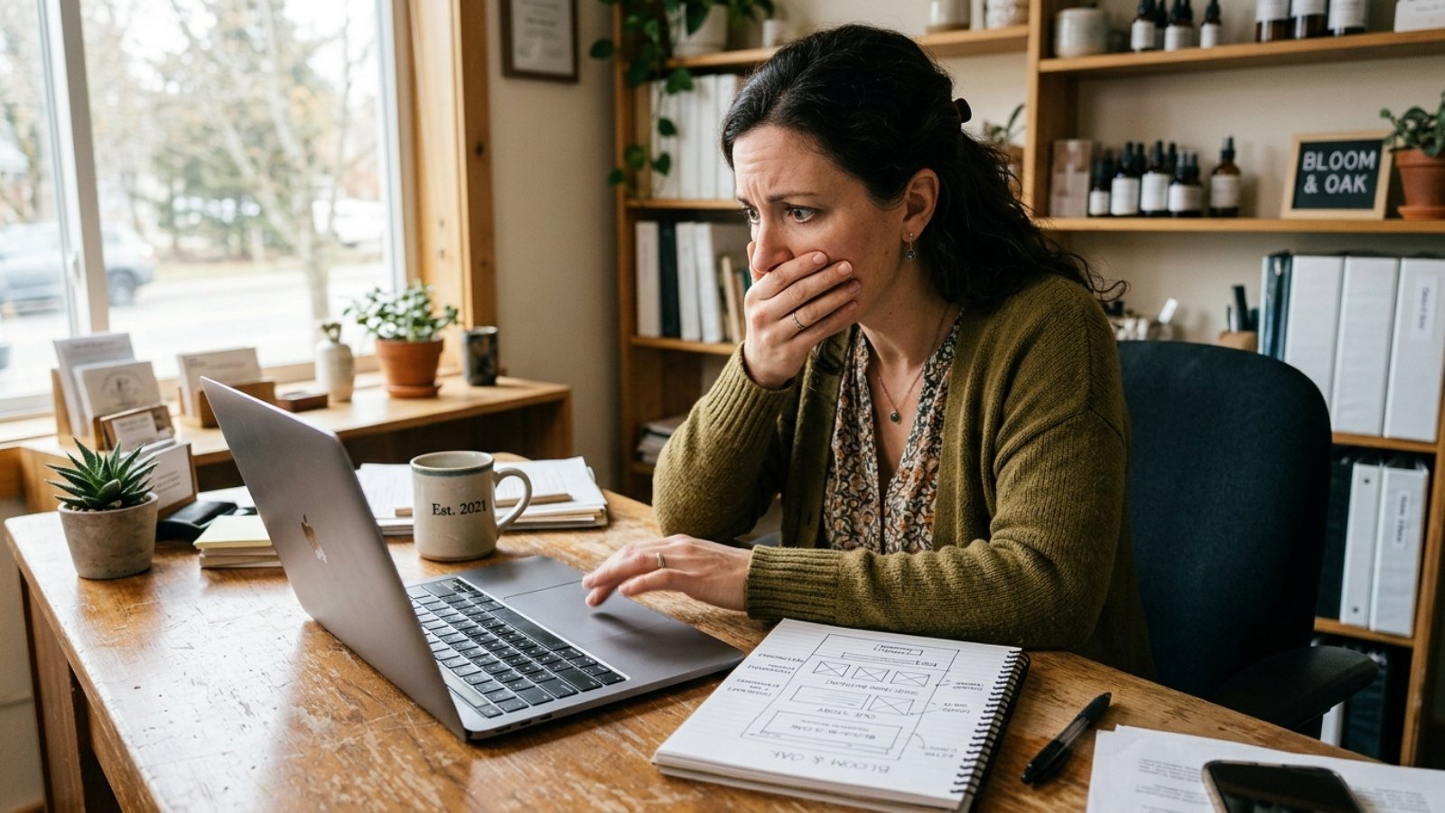 Business owner realizing her homepage is killing conversions while reviewing it on her laptop