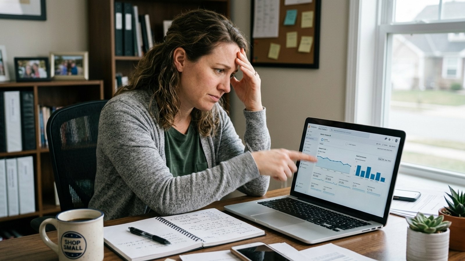 Small business owner reviewing analytics after realizing her website isn't getting leads