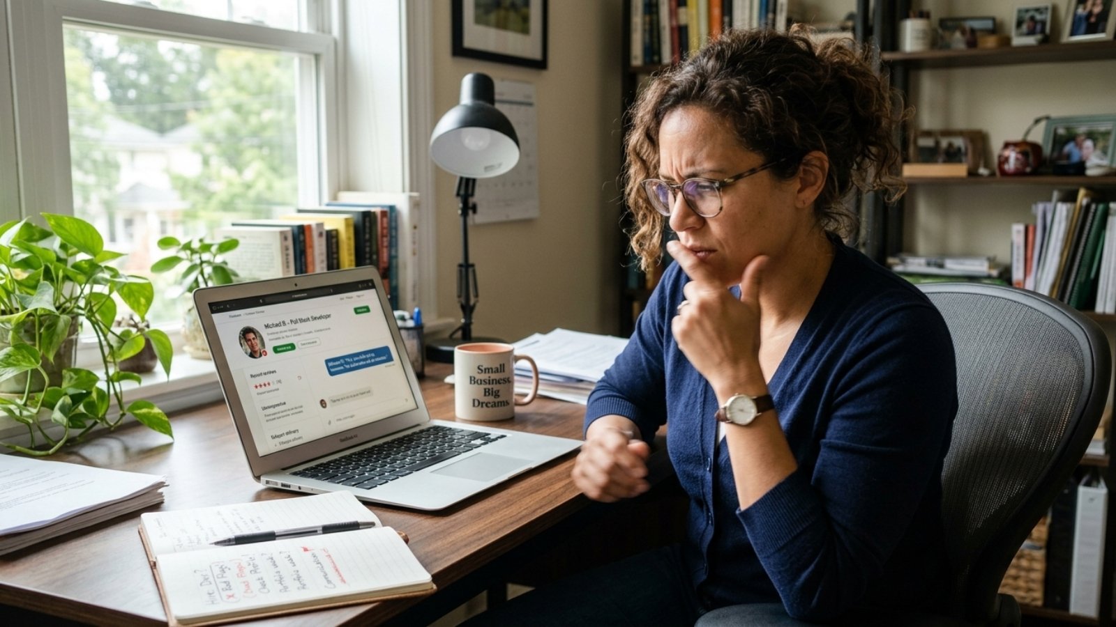Business owner spotting red flags in a freelance developer profile before hiring