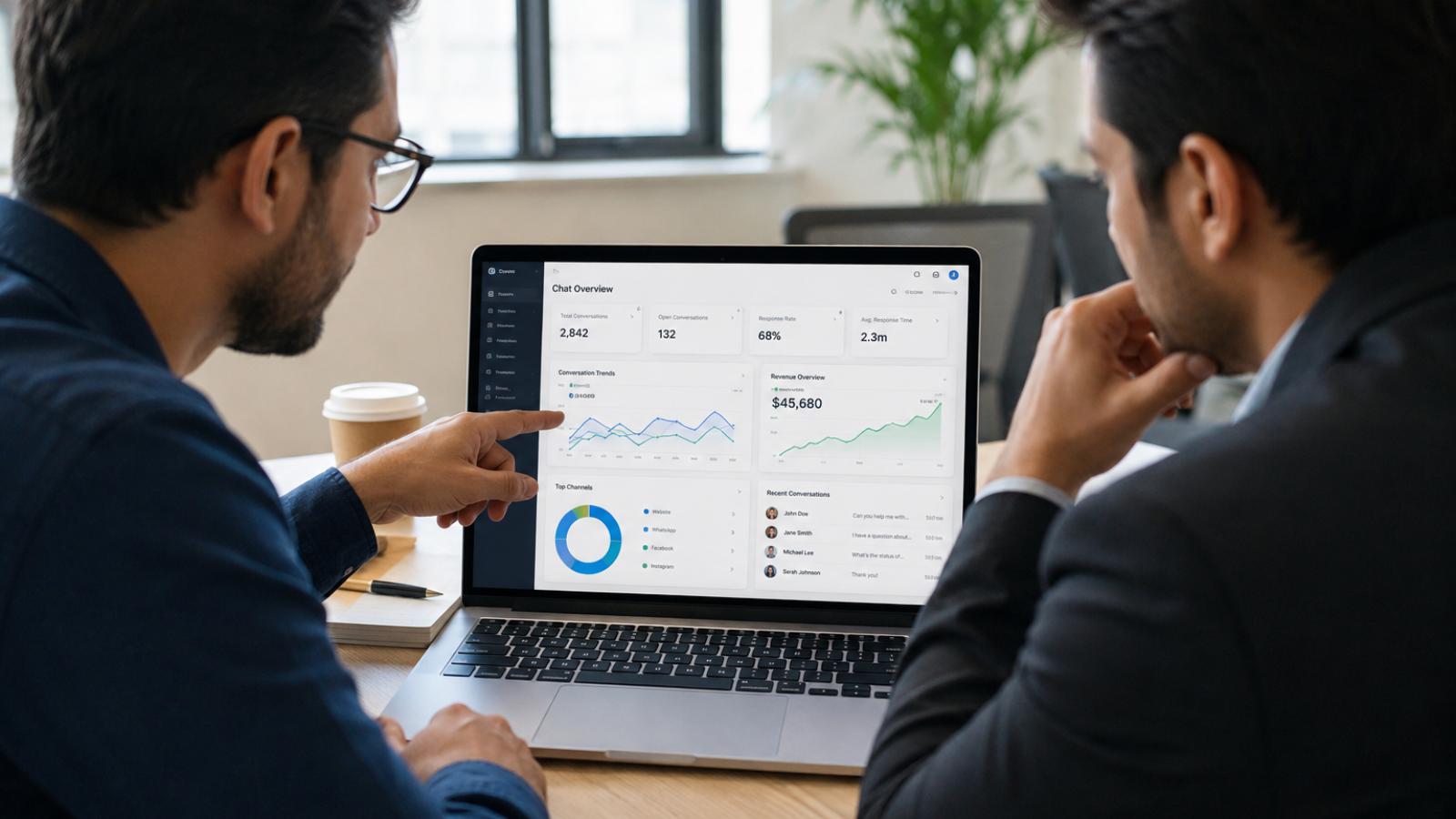 Business team reviewing conversational AI ROI data on a laptop