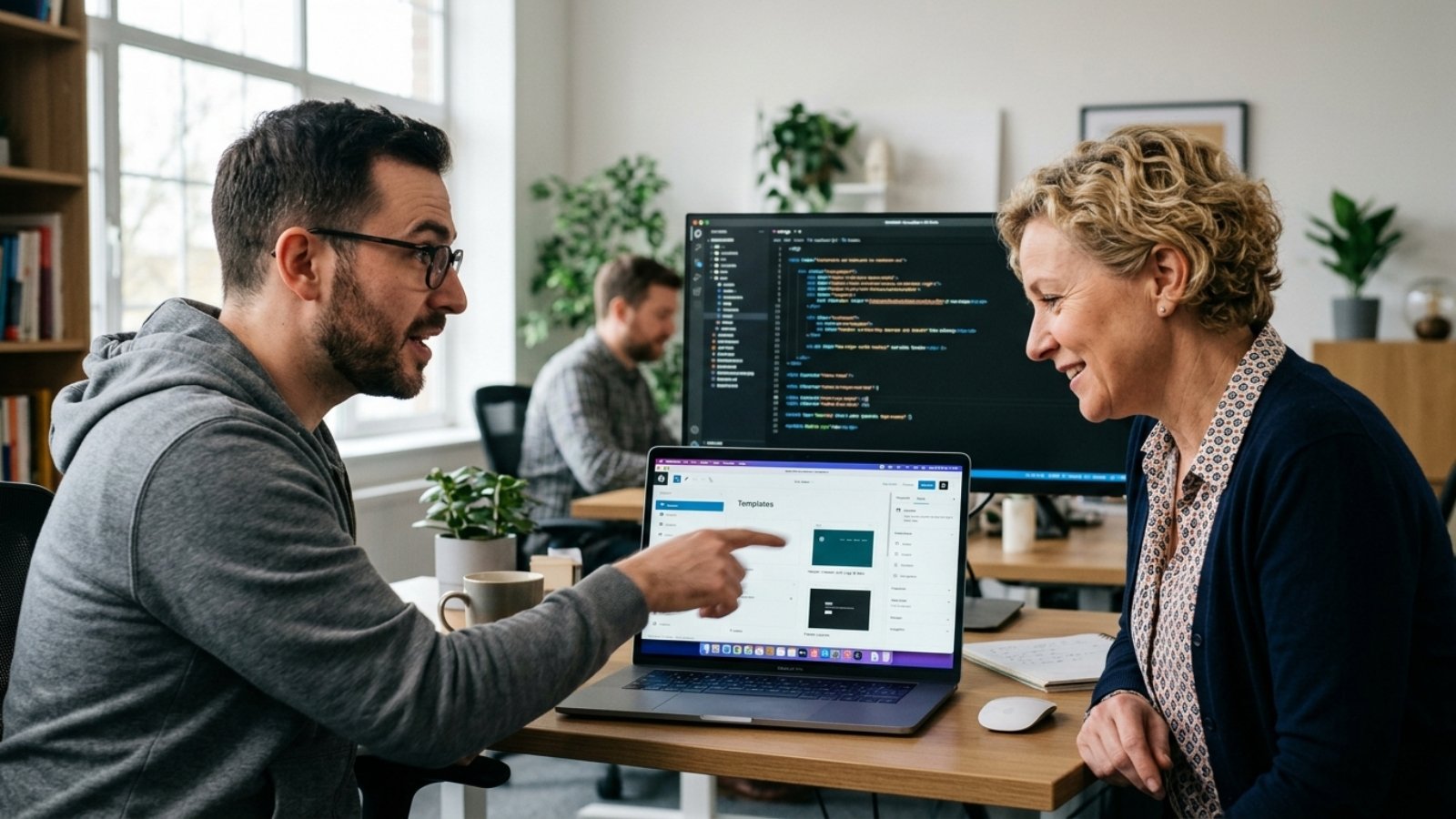 Developer explaining block themes to a client while demonstrating what a good WordPress developer should know in 2026