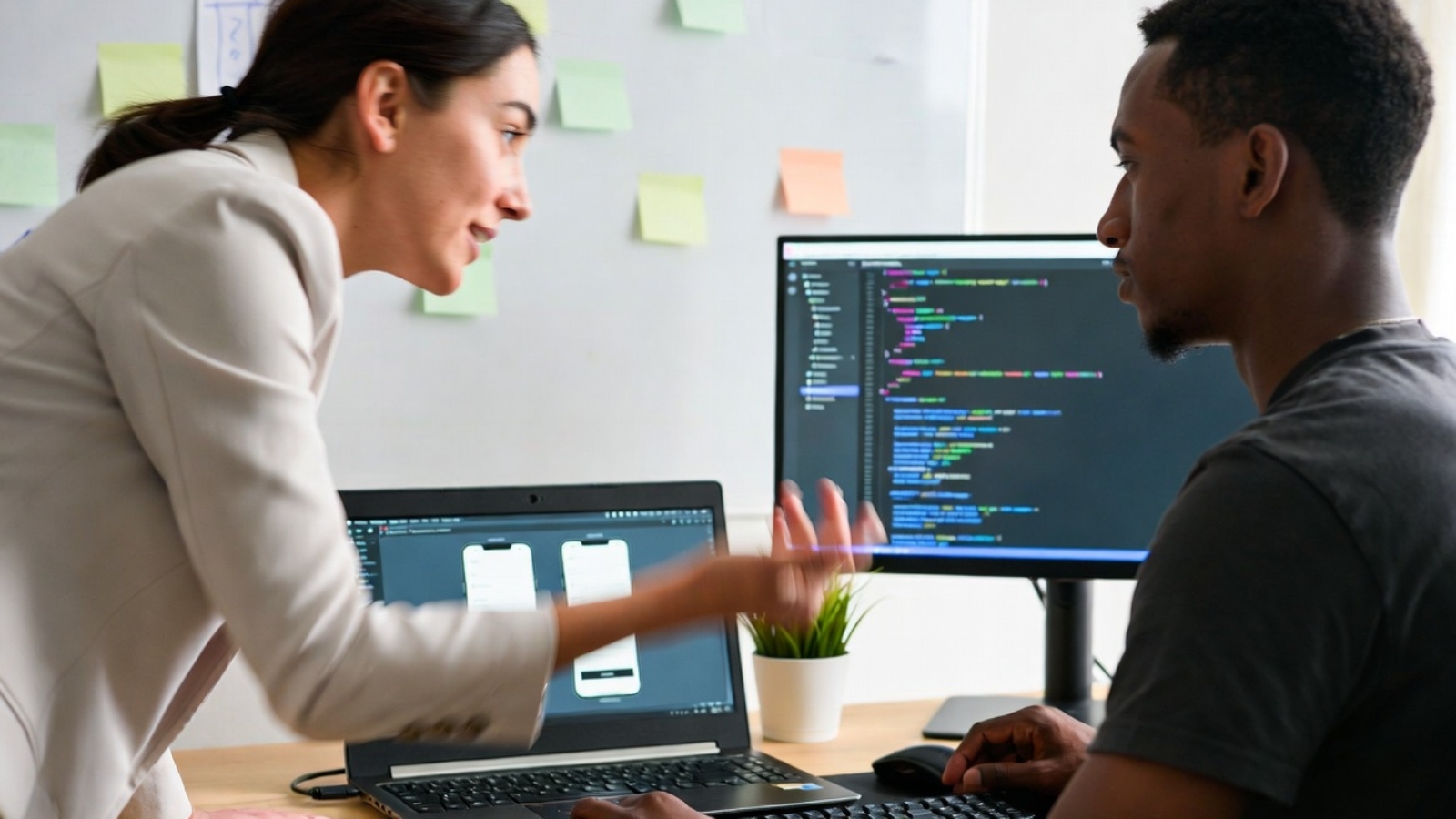 Startup founder and developer reviewing an app prototype while deciding how to hire a Flutter developer