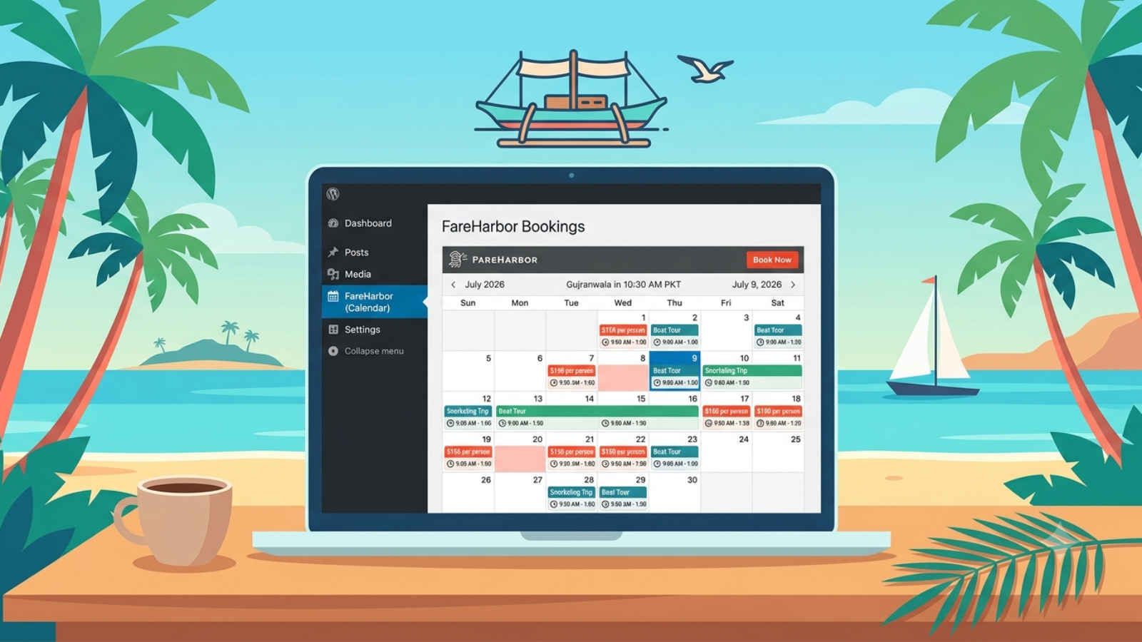 FareHarbor WordPress integration setup showing booking calendar on WordPress site