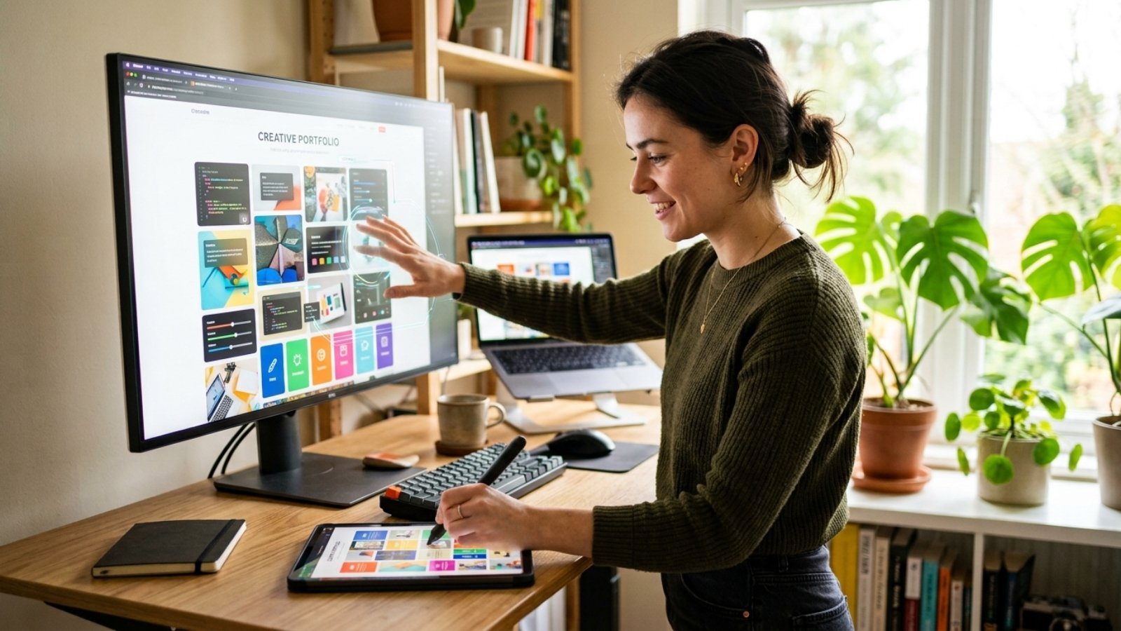 Web designer reviewing web design trends 2026 on a bento-grid layout mockup