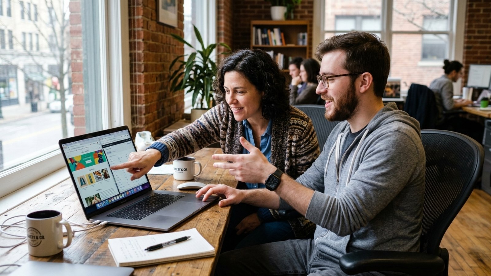 Developer and business owner comparing WordPress vs Webflow site builders on a laptop