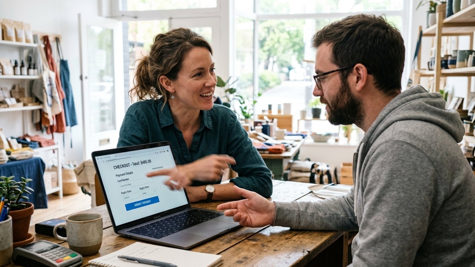 Small business owner and developer comparing payment gateways for small business checkout options on a laptop
