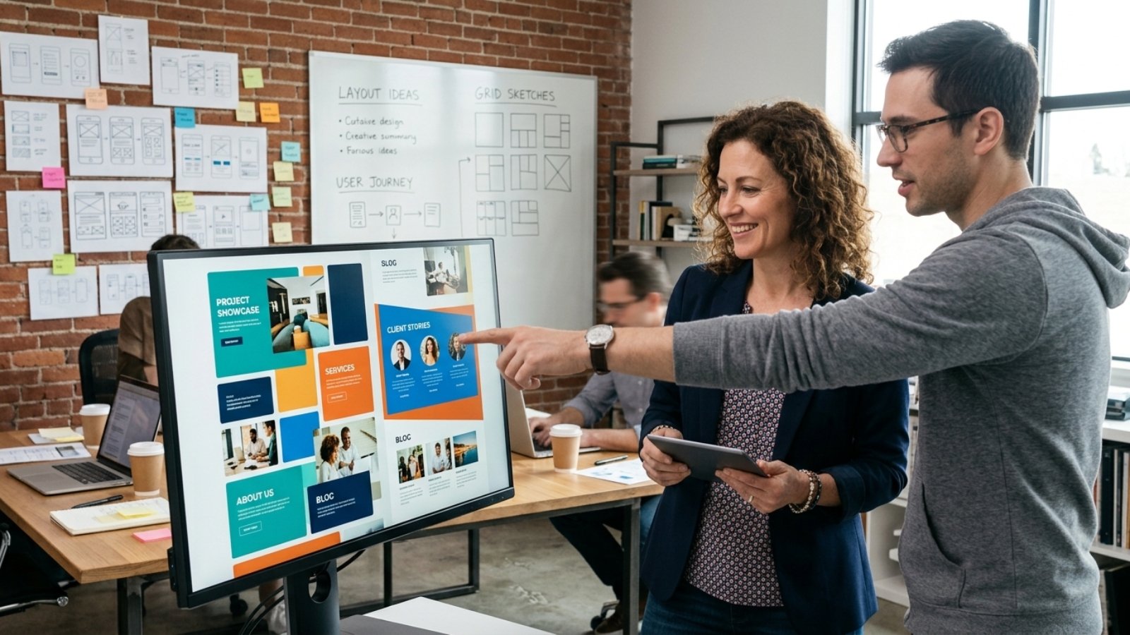 Business owner and developer reviewing bento grid layouts for a homepage redesign