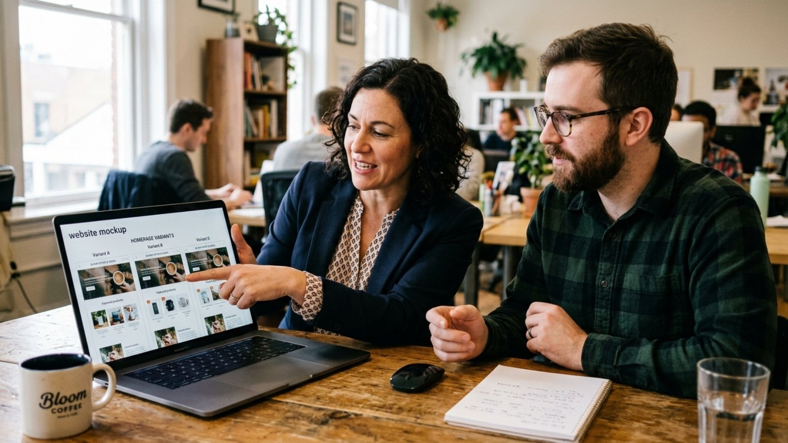 Small business owner and developer reviewing AI website personalization options for a homepage