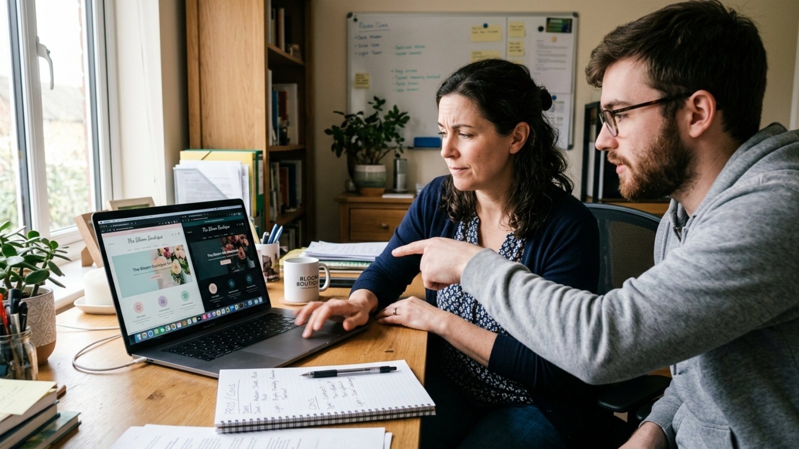 Business owner comparing dark mode and light mode versions of her business website with a developer
