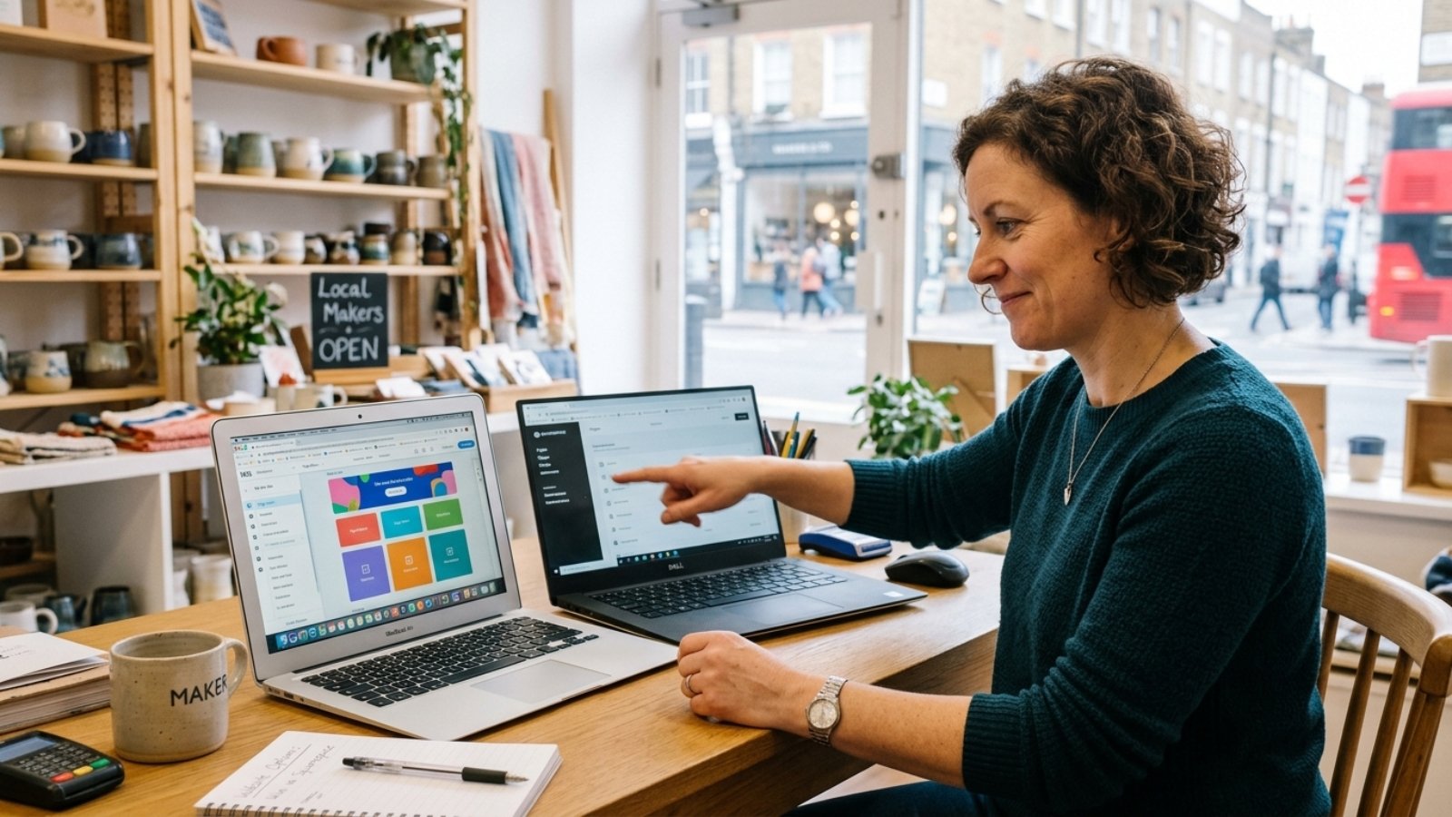UK small business owner comparing website builder dashboards to choose the best CMS for UK small business