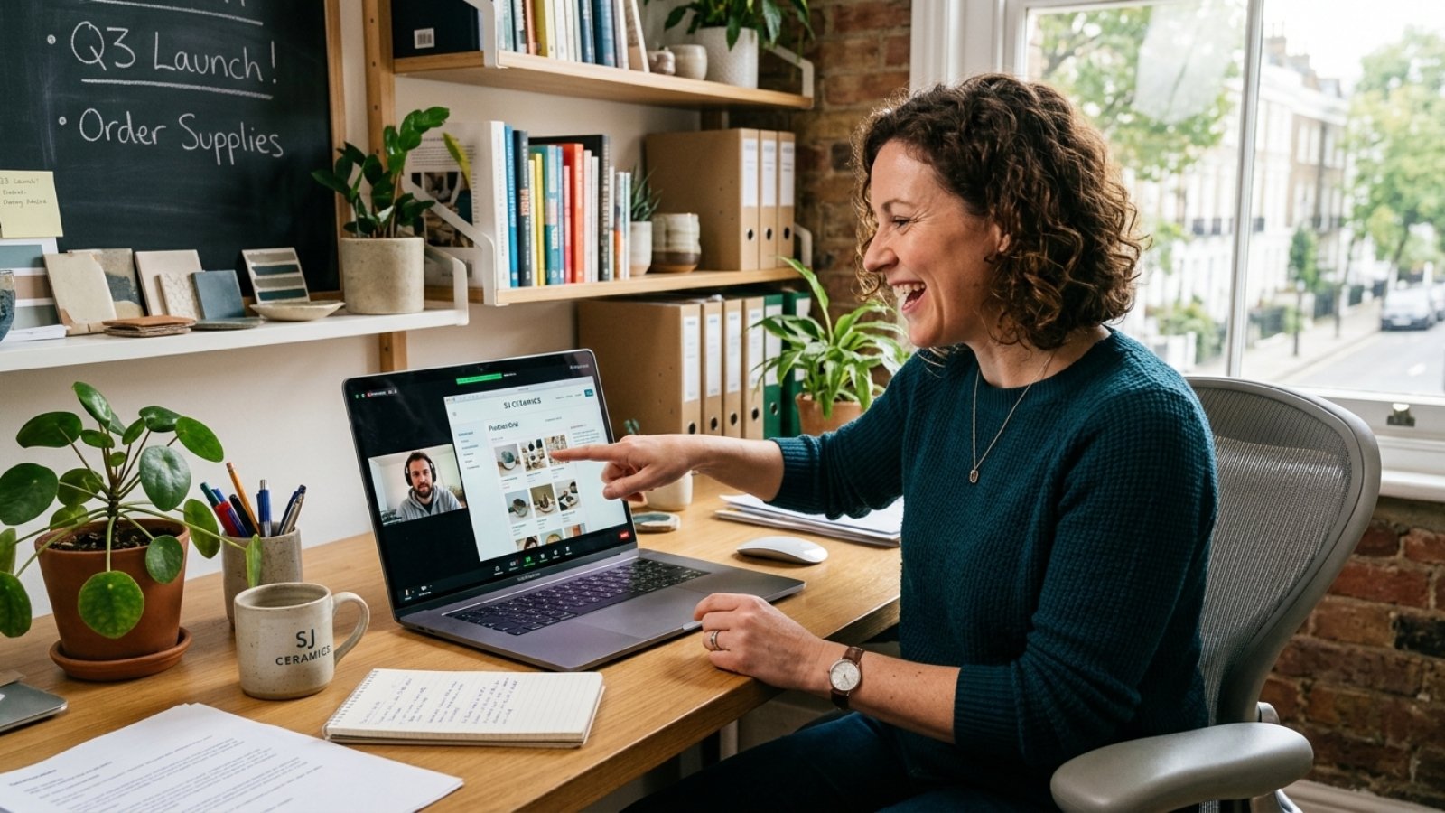 Small business owner on a video call deciding whether to hire a remote web developer for their project