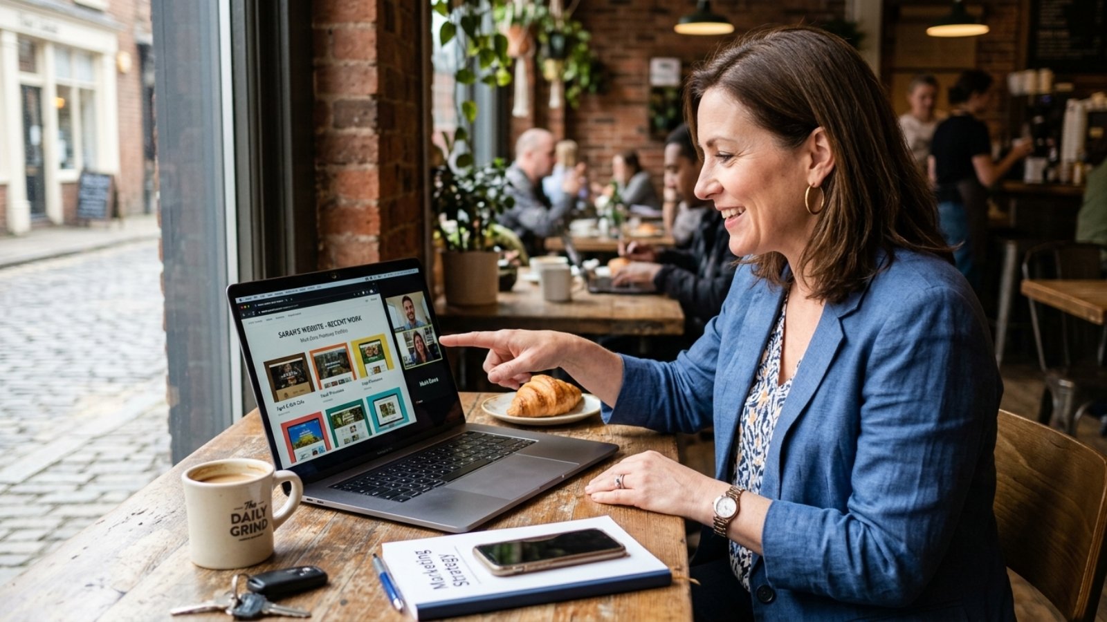Small business owner reviewing a portfolio to hire a freelance web developer during a video call