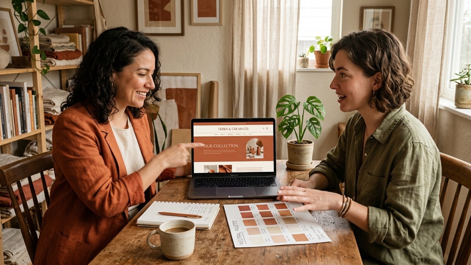 Business owner and designer reviewing a warm minimalist design mockup in earthy tones