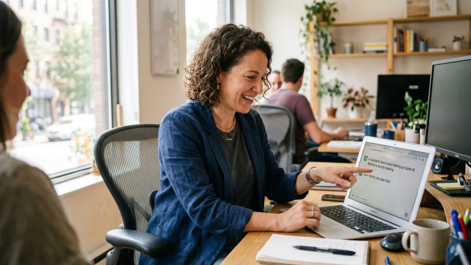 Small business owner reviewing an AI automation for small business chatbot setup on a laptop