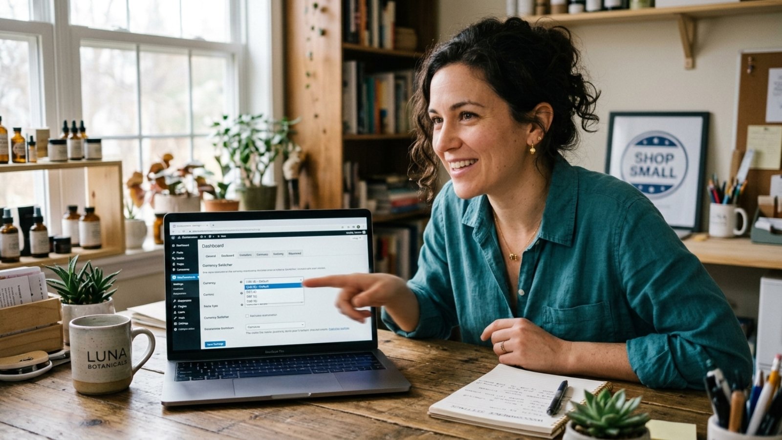 Business owner setting up multi-currency support WooCommerce dashboard on a laptop