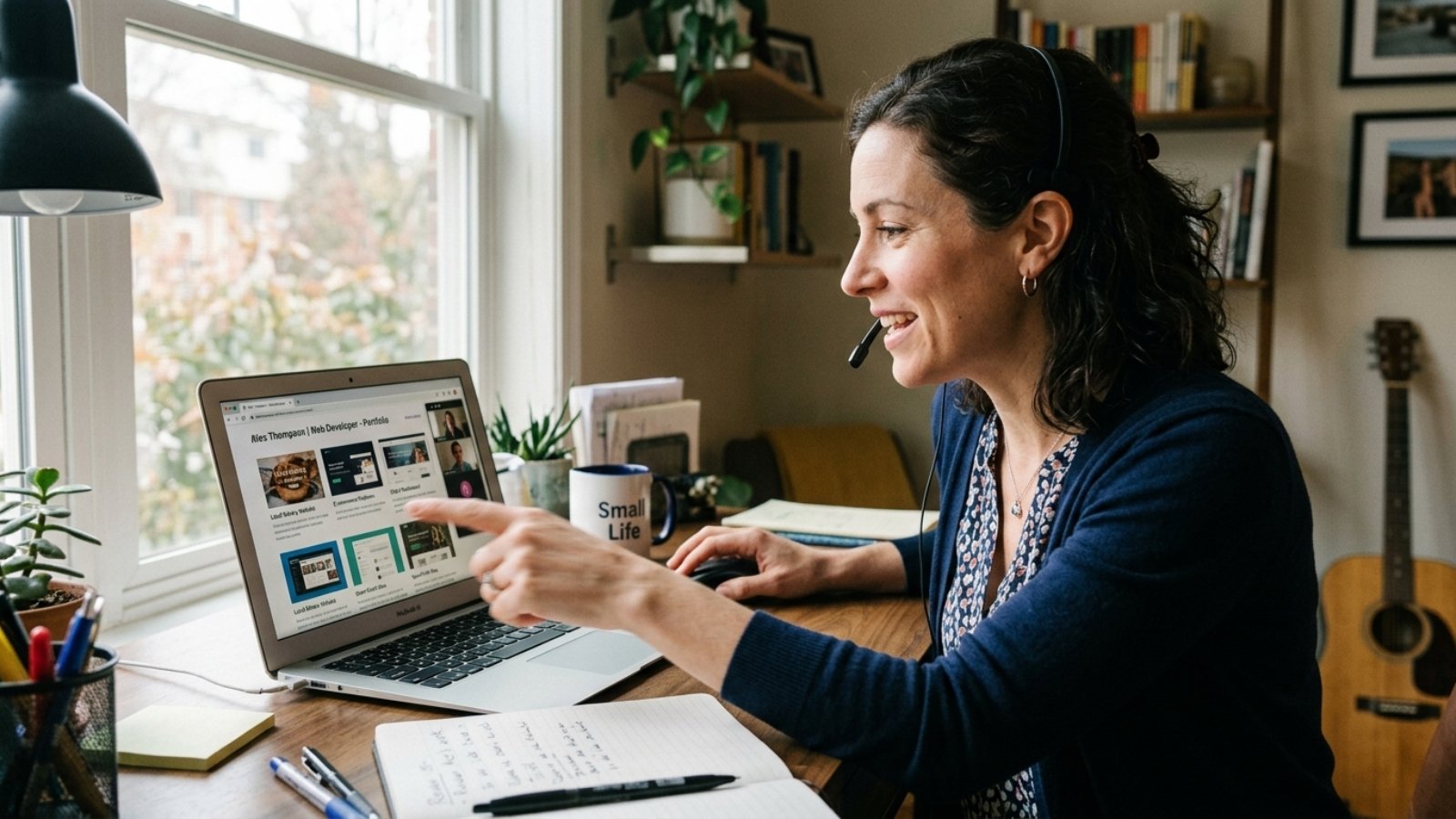 Business owner pointing at a laptop screen while learning how to vet a developer's portfolio before hiring