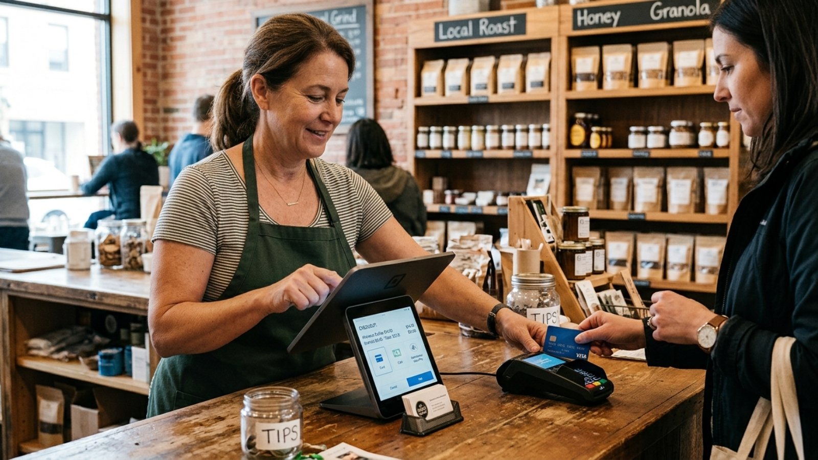 Small business owner selecting the best payment gateway option on a checkout tablet