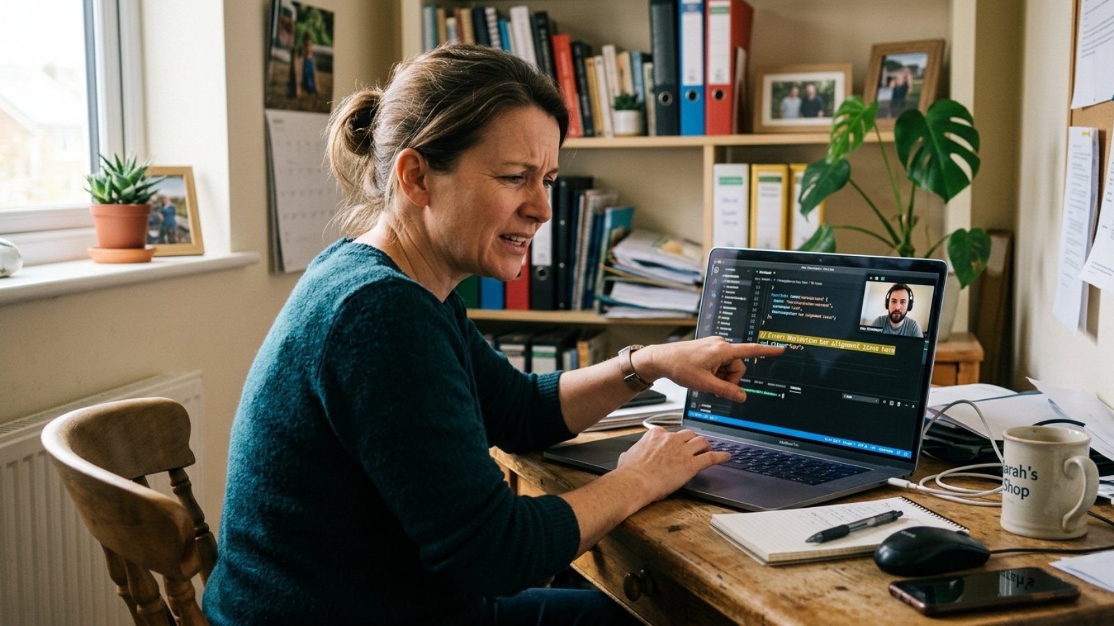 Business owner reviewing generic homepage copy on their laptop before rewriting it