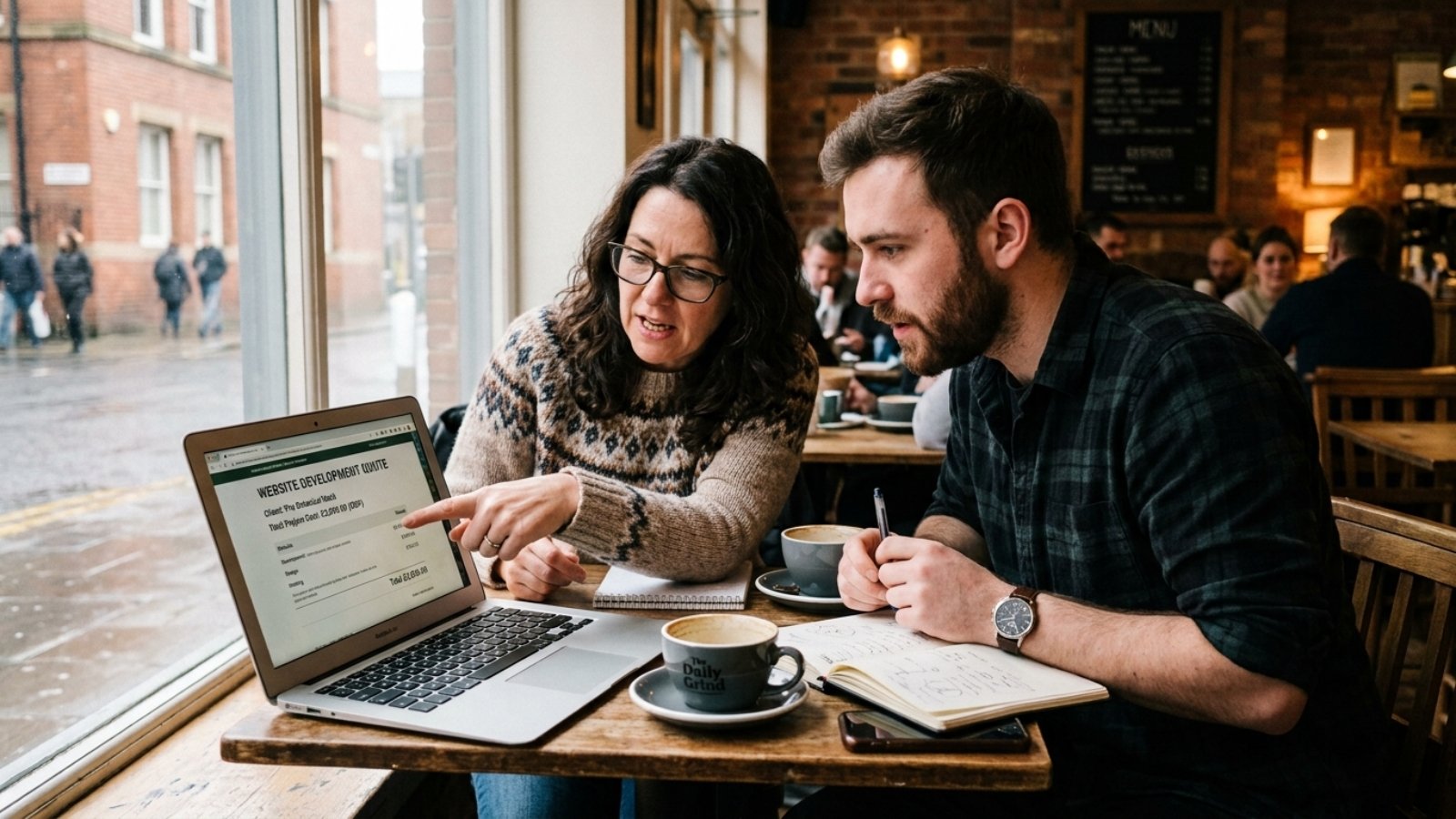 UK small business owner reviewing web design cost quote with a freelance developer