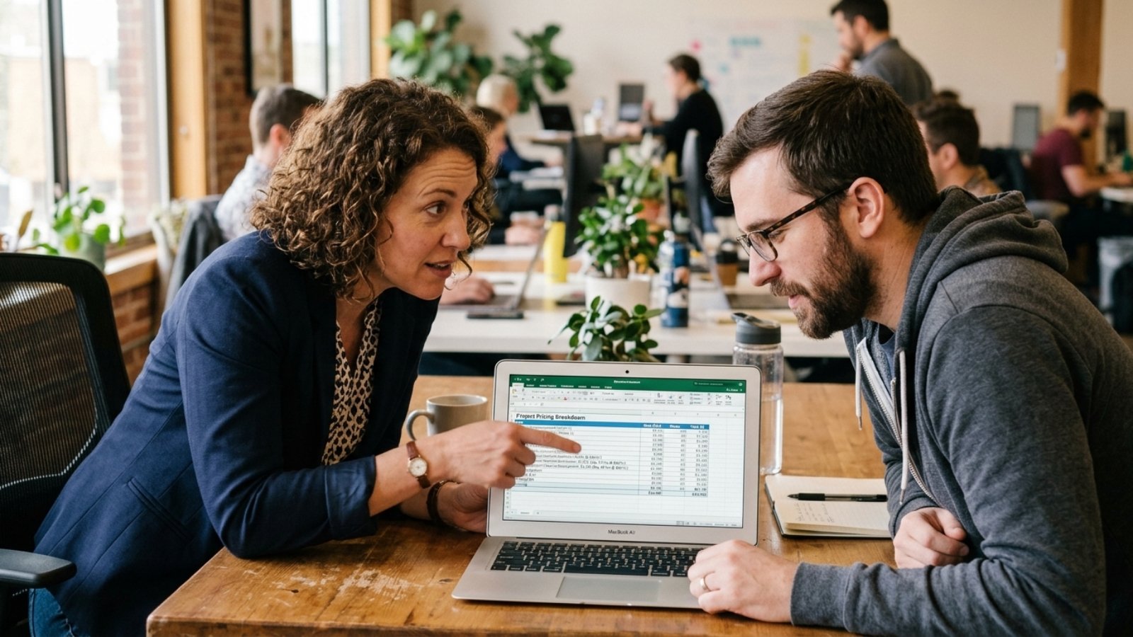 Small business owner reviewing small business website cost breakdown with a developer on a laptop