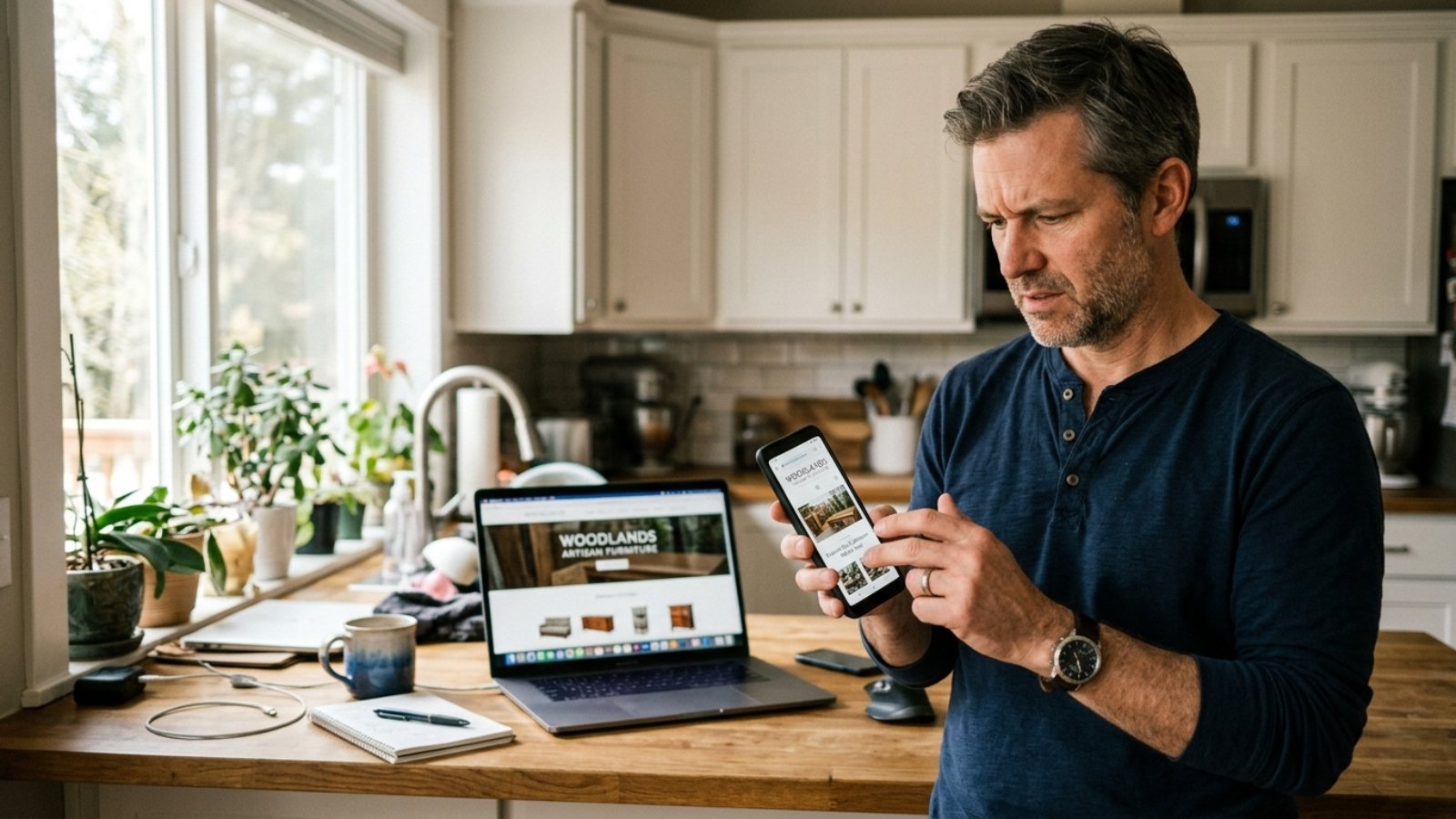 Business owner testing his website on mobile after realizing desktop-first design hurt usability
